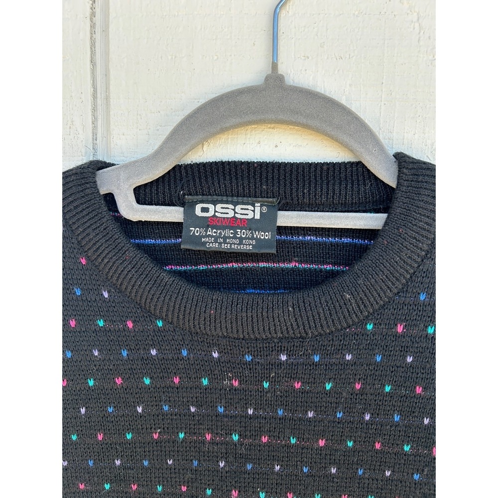 Vintage Ossi Skiwear Wool Blend Black‎ Sweater, Colorful Dots, Size Medium